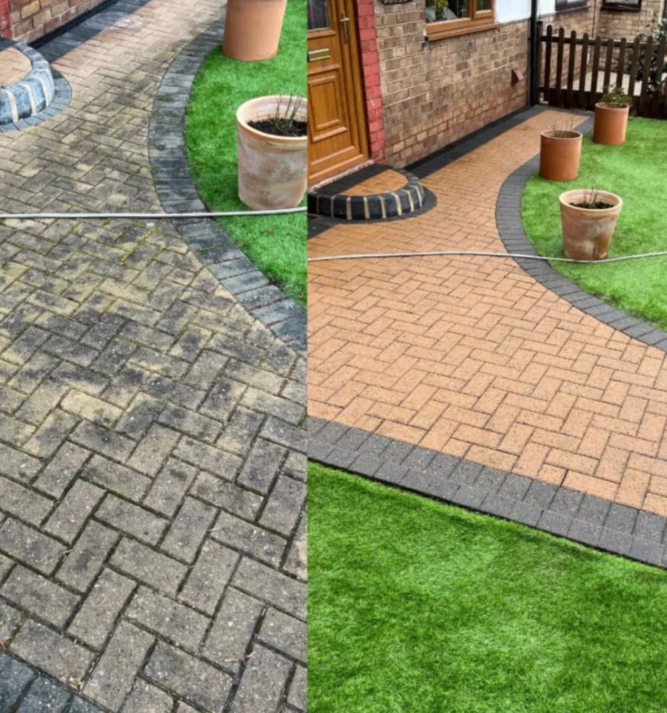 Block paving driveway before and after professional cleaning